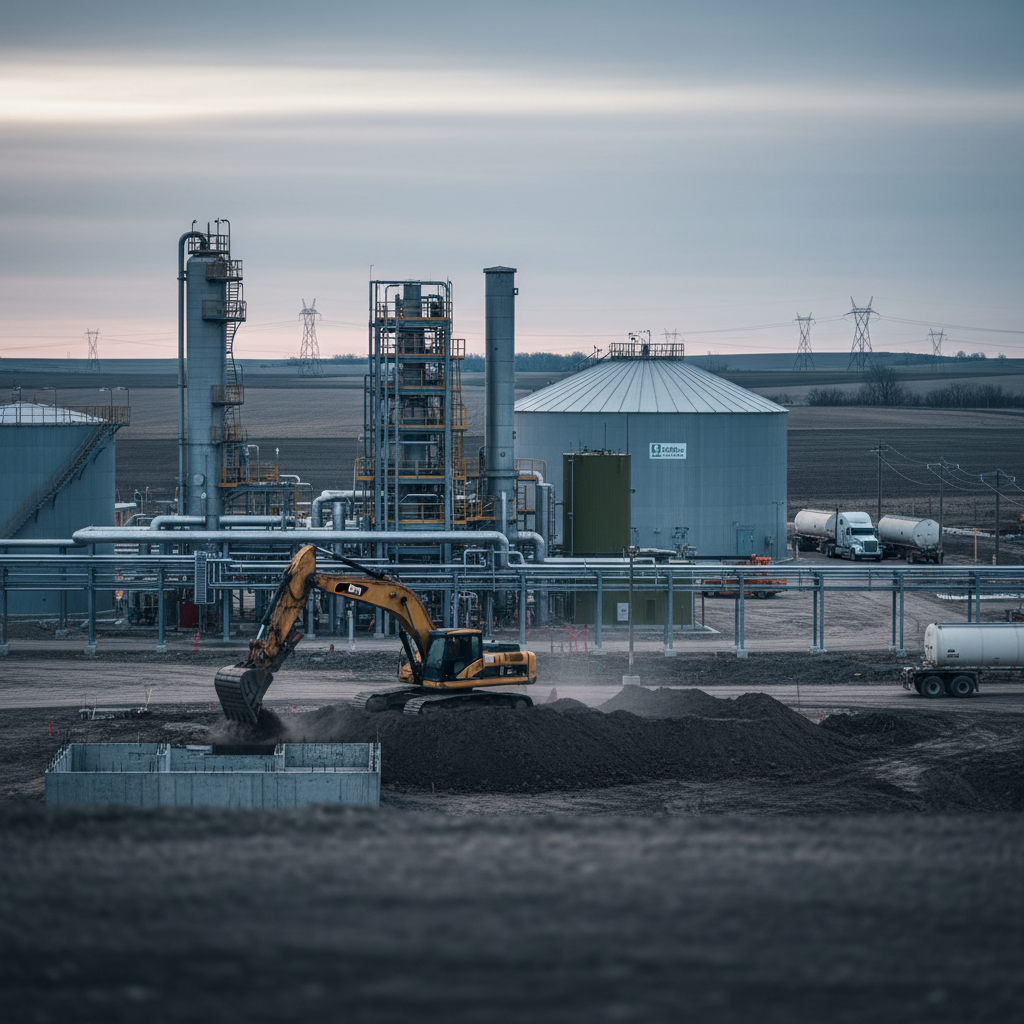 Industrial anaerobic digesters and gas processing infrastructure at an agricultural site.