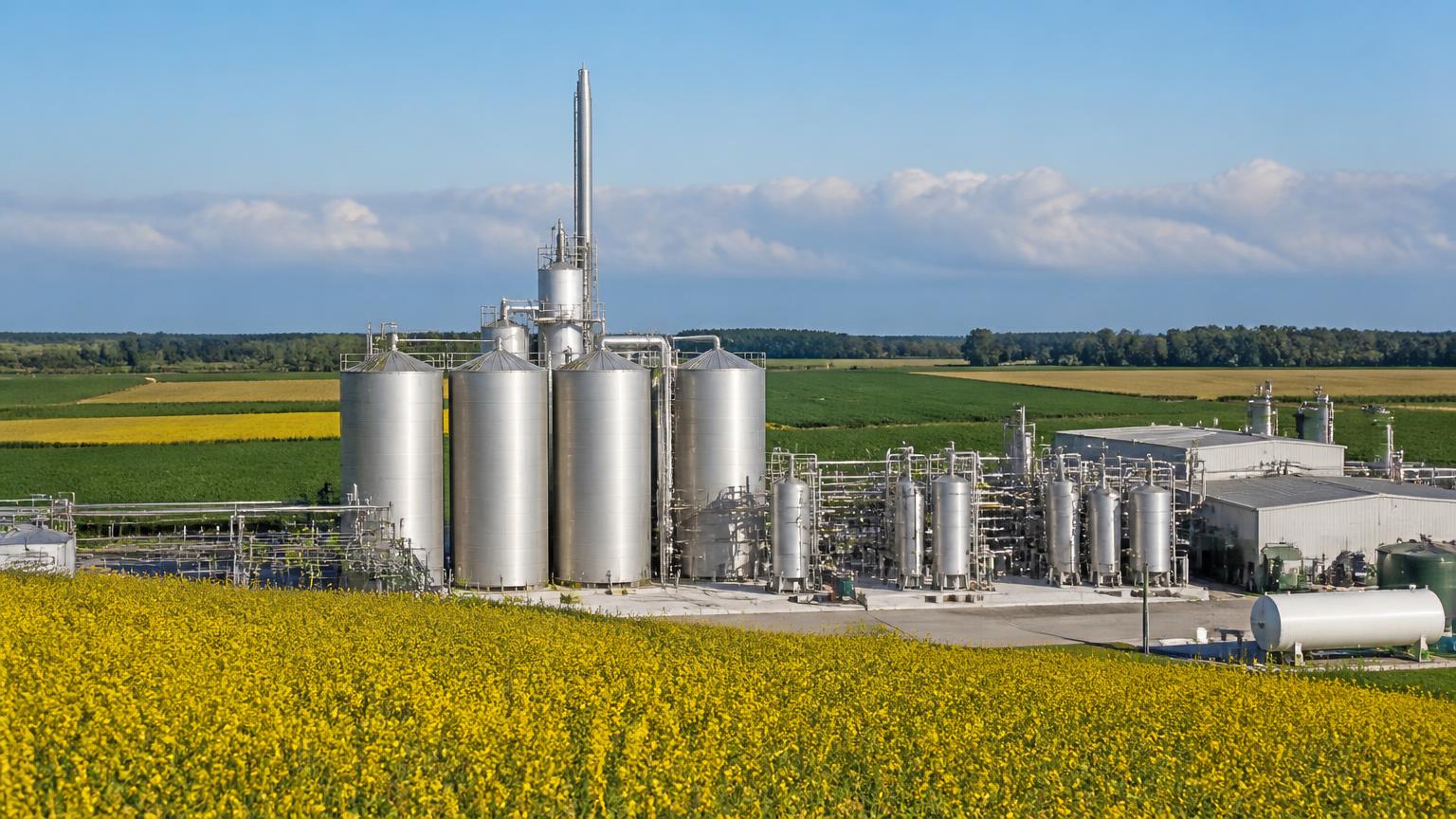 Industrial biofuel storage tanks and piping at a commercial terminal.