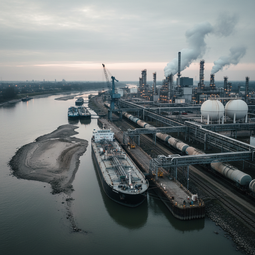 Commercial fuel barge operating in a river channel with industrial infrastructure in the background.