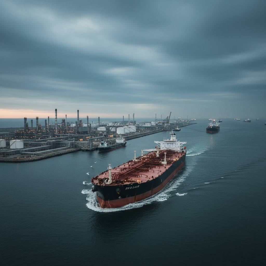A commercial crude oil tanker navigating through open waters.