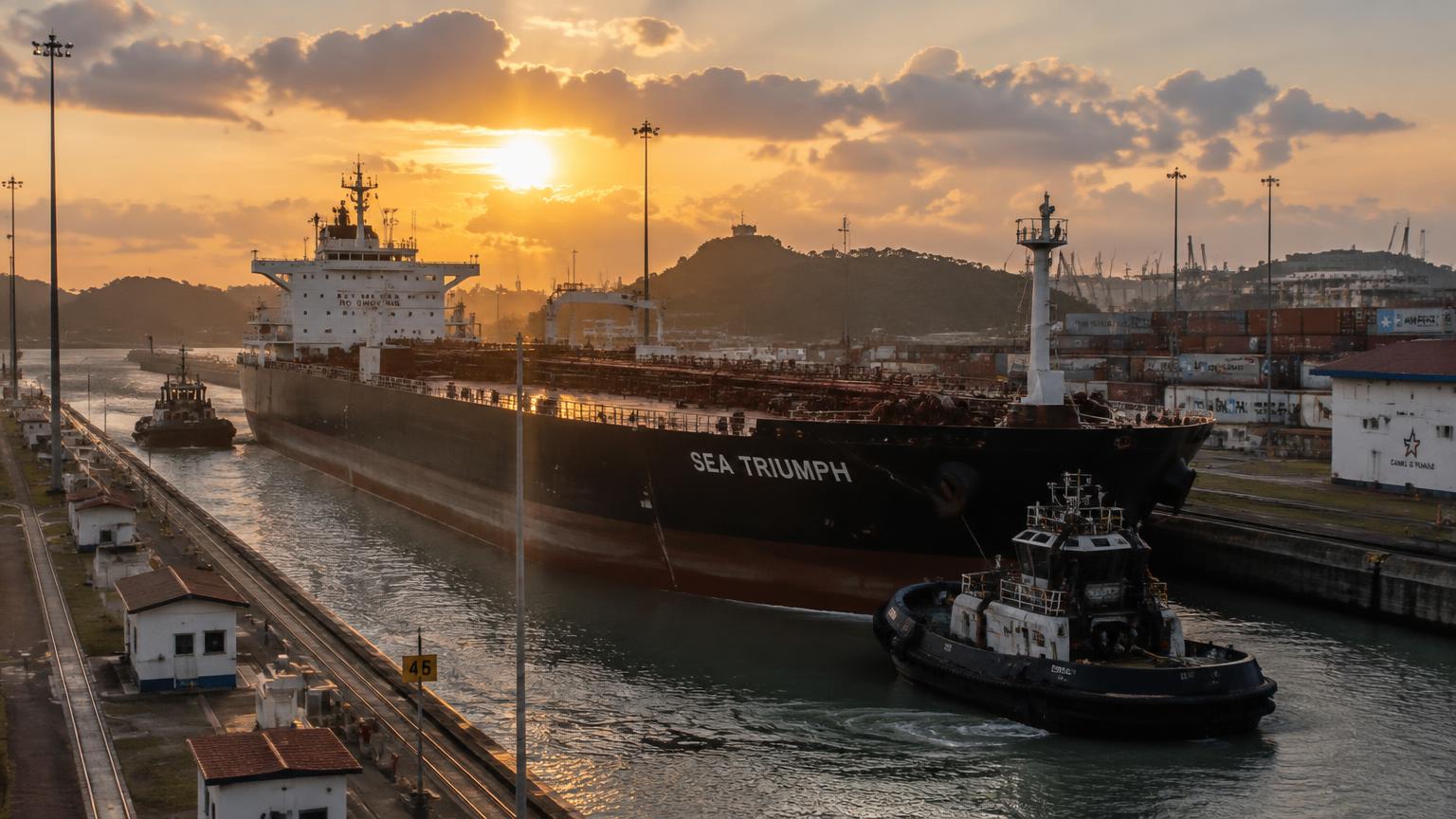 Oil tanker transiting a canal lock at sunset with tugboats alongside