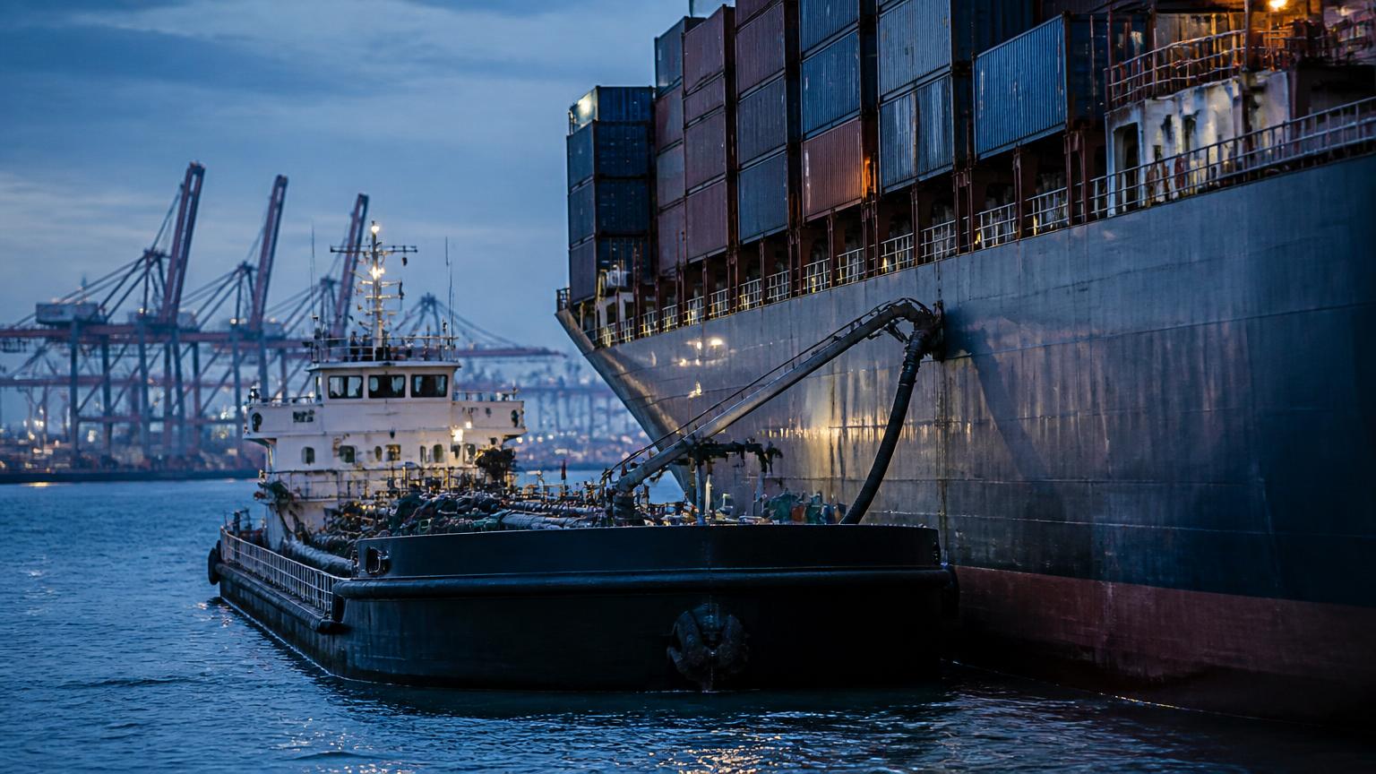 Commercial cargo barge navigating a shallow river corridor under hazy skies.