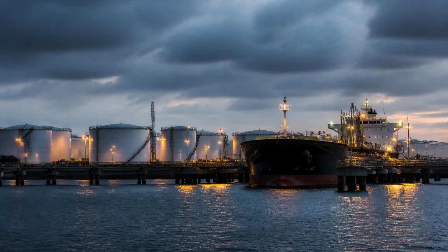 Industrial oil storage terminal and pipeline infrastructure under an evening sky.