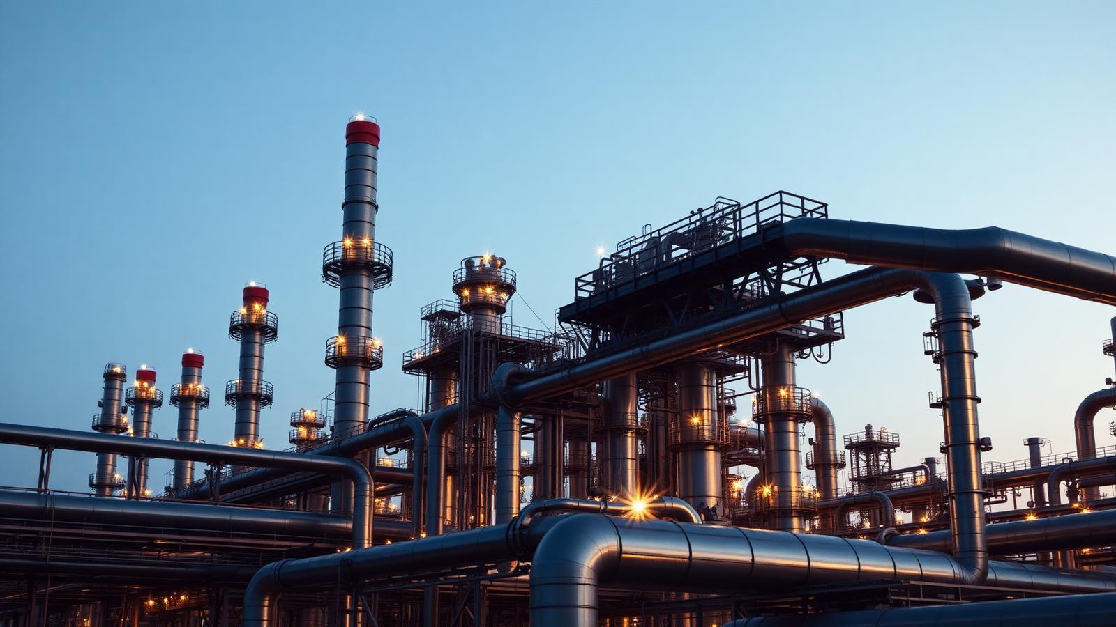 Large commercial crude oil storage tanks and industrial pipeline infrastructure at an energy terminal.